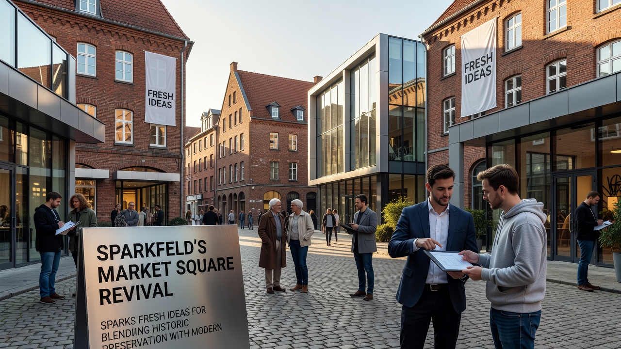 Close-up view of automated flood barrier panels integrated into the historic paving of Sparkfeld Market Square
